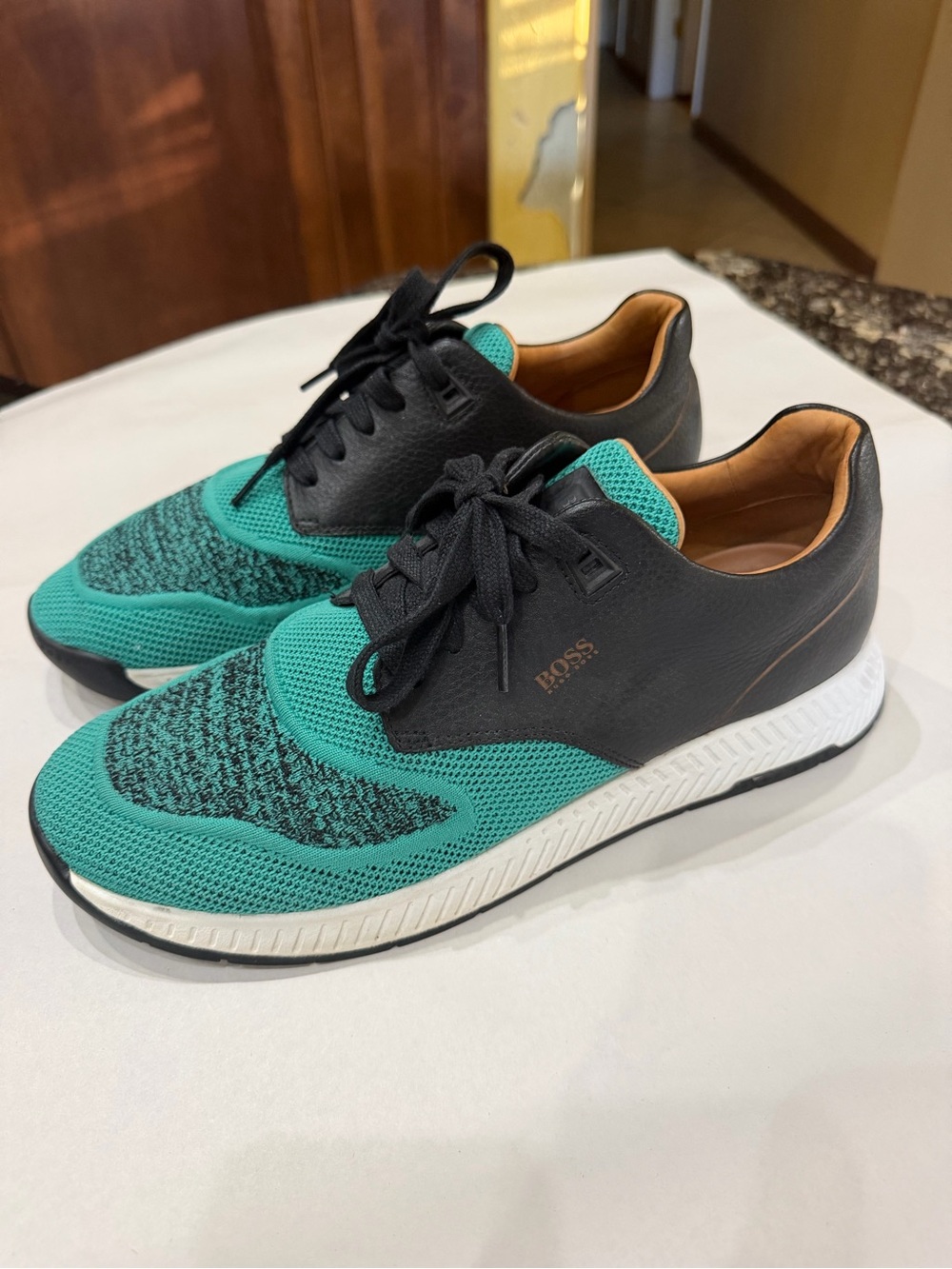 BOSS Hugo Boss Men’s Teal Black Leather Knit Sneakers Size EU 44